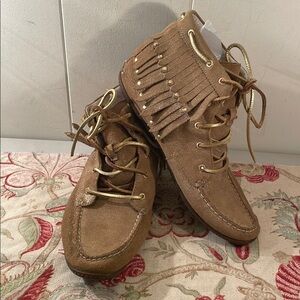 Sperry Tan with Gold Suede Fringe Studded Ankle Boots or High Top Moccasins